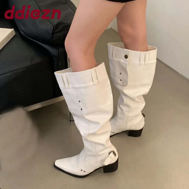 

Модные женские сапоги до колена в стиле вестерн с пряжкой, обувь на каблуке, женская обувь с острым носком, современные женские длинные ботильоны, туфли-лодочки