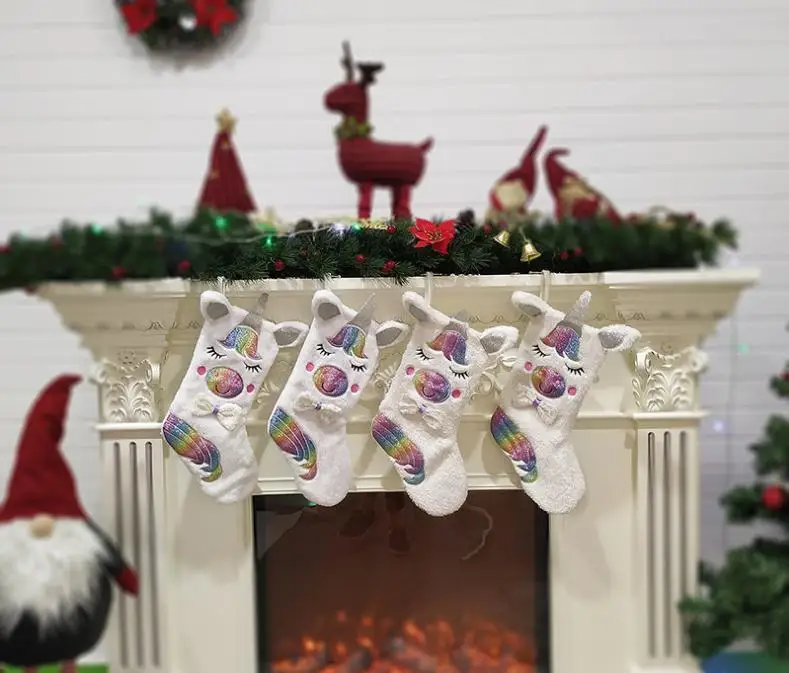 Large Unicorn Christmas Stocking for Children Christmas Gift Candy Bags Xmas Tree Ornament Hanging Sock Christmas DecorWholesale