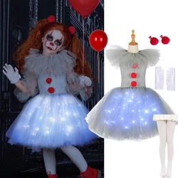 Halloween Gray Joker Girls  LED Light Up Costume Tutu Dress Creepy Clown Kids Carnival Party Cosplay Clothes Toddler Tulle Dress