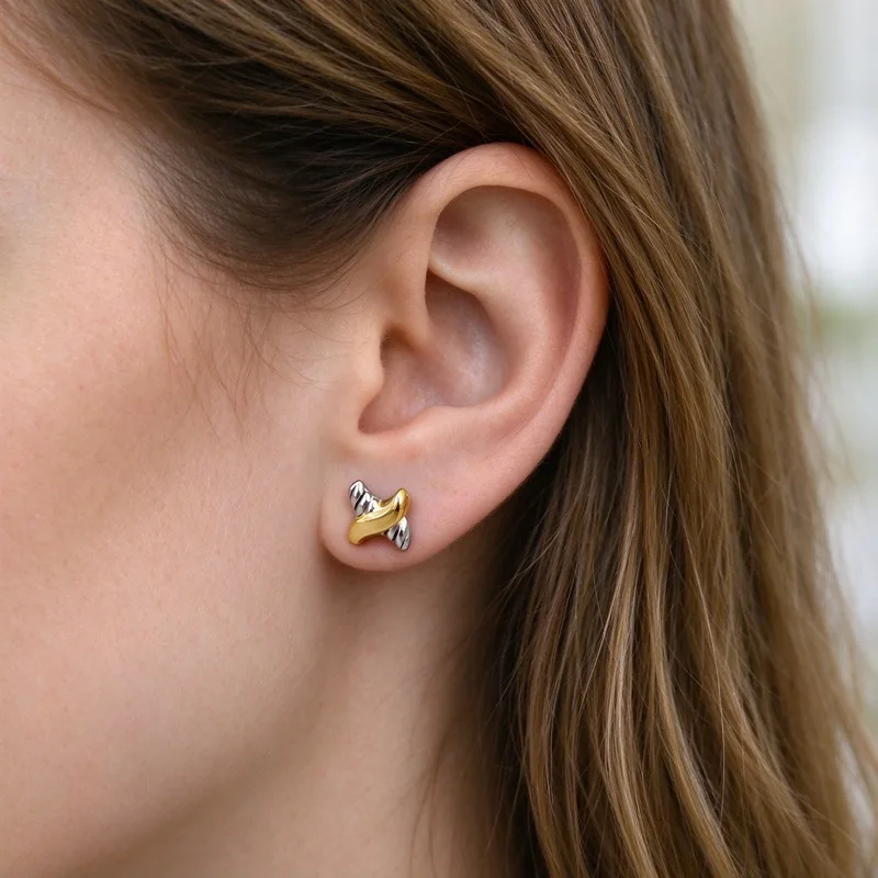 Two Tone Stud Earrings for Women, Gold andSilver Tone X Twist Design Studs, Polished AlloyEarrings Simple Elegant Style, LightweightComfortable Pierced Earrings, Secure ButterflyBacking, Trendy Minimalist Jewelry Gift for Her,Daily Wear Office Party
