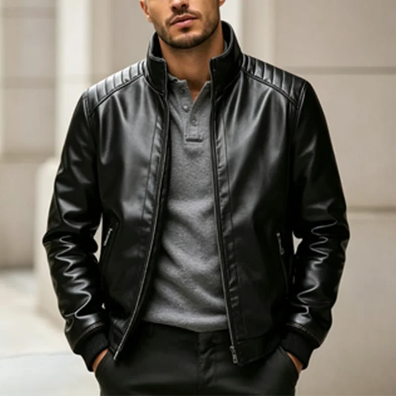 Men's Leather Winter Fleece Lined Biker Jackets Fashion Motorcycle Coat Outdoor Riding Sports Running Outwear Casual Streetwear