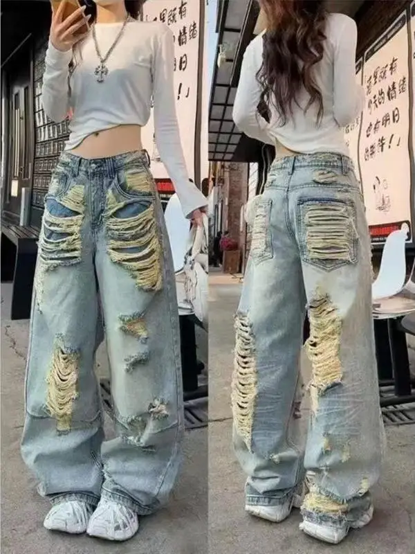 Washed Denim Jeans Straight Leg Loose Slimming Summer New Style Unisex Wide Leg Pants Tear Hole Design Street Style Jeans