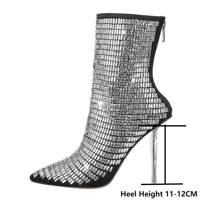 Onlymaker Women Ankle Boots Rhinestone Pointed Toe Stiletto Clear Heel Side Zipper MetalThin Heel  Lady Big Size Booties