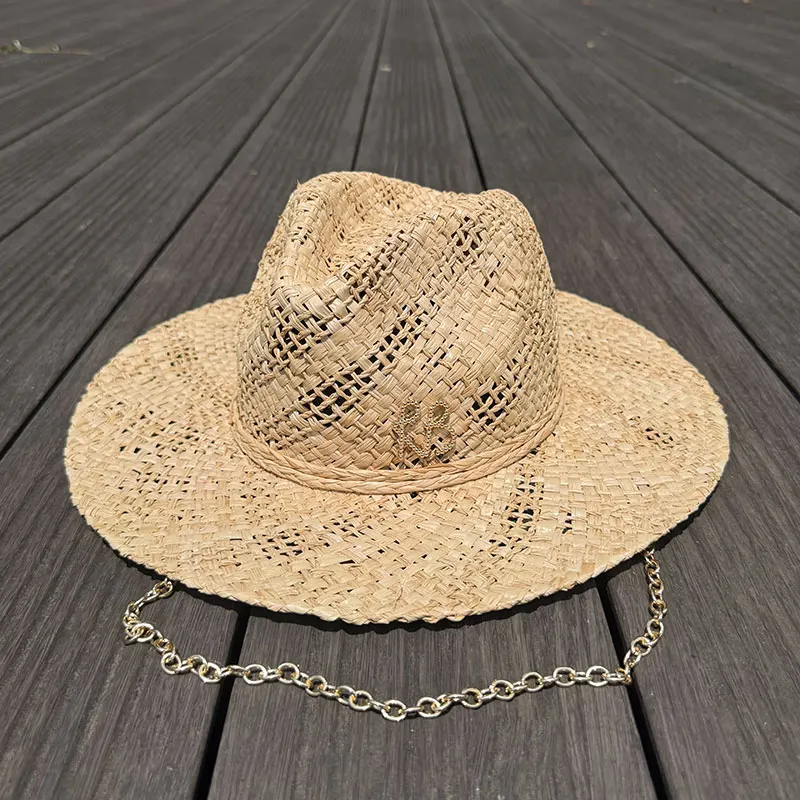 Original Designer Style Hats Metal Letters RB Chain Raffia Panama Handmade Straw Hat For Women Summer Beach Wide Brim Sun Hat