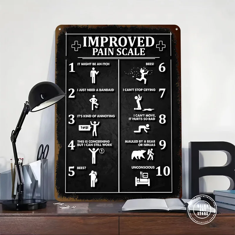 Improved Pain Scale Funny 3D Texture Metal Poster Customized Wall Art Tin Sign Gift for Mancave Decoration Bedroom Accessories