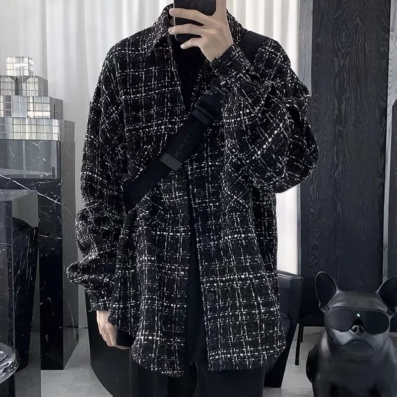 

Shirts Men High Street All-match Handsome Plaid Baggy Cargo Casual Ulzzang College Hip Hop Long Sleeve Design Camisa Fashion