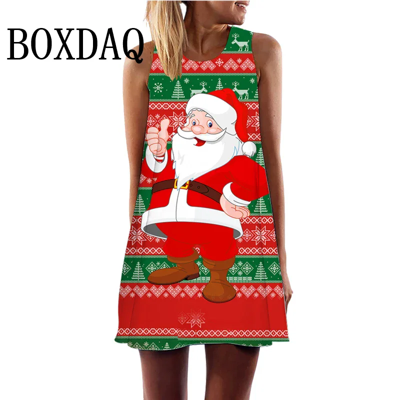 Fashion Christmas Theme Print Women's Dress Sweet Cute Casual Festival Santa Claus Pattern Sleeveless Loose A-Line Mini Dresses