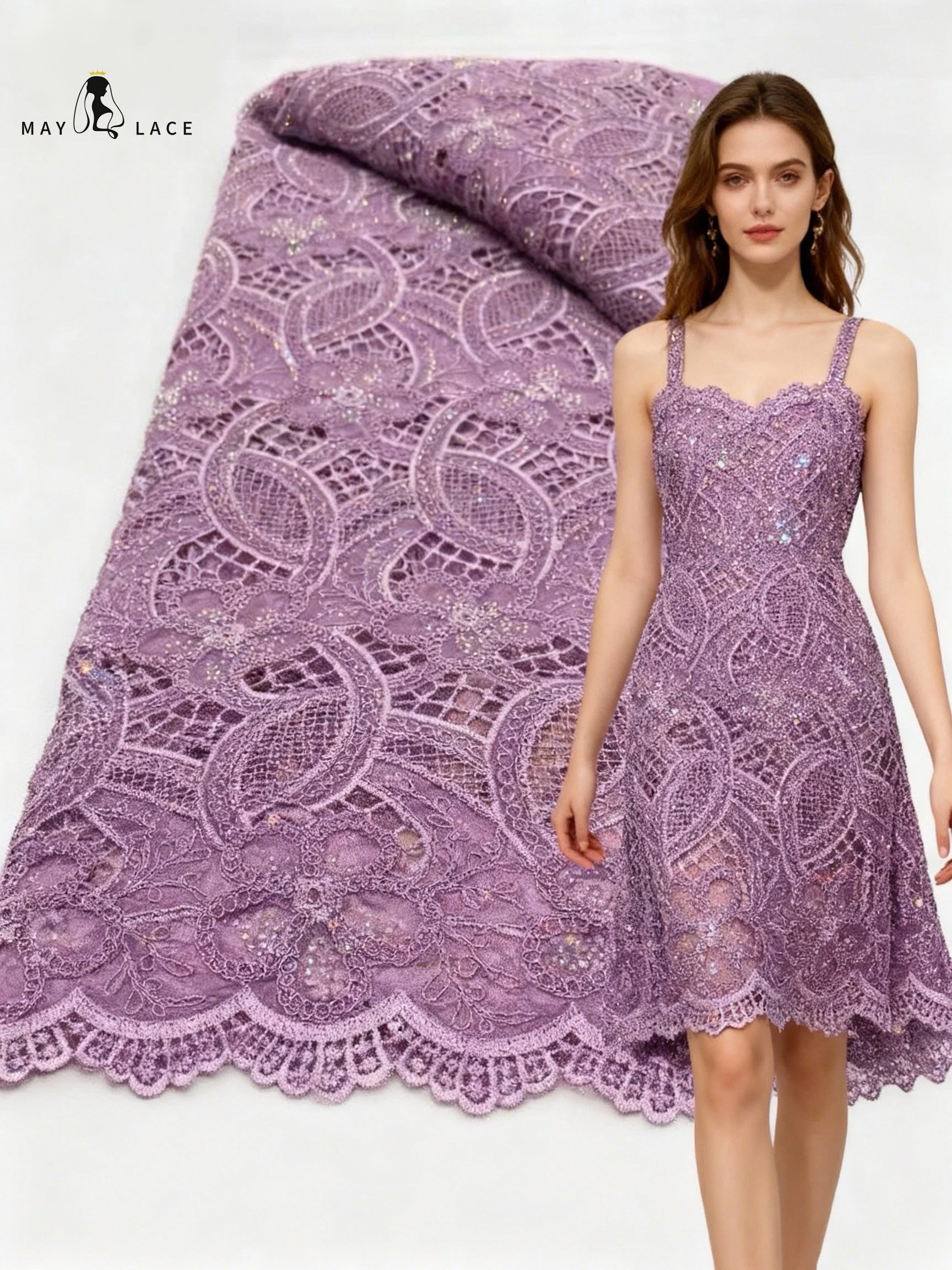 

2026 African Nigerian High Quality Embroidery Lace Fabric Water Soluble Tulle Wedding Party Party Dress Guipure Sequins 5Yards