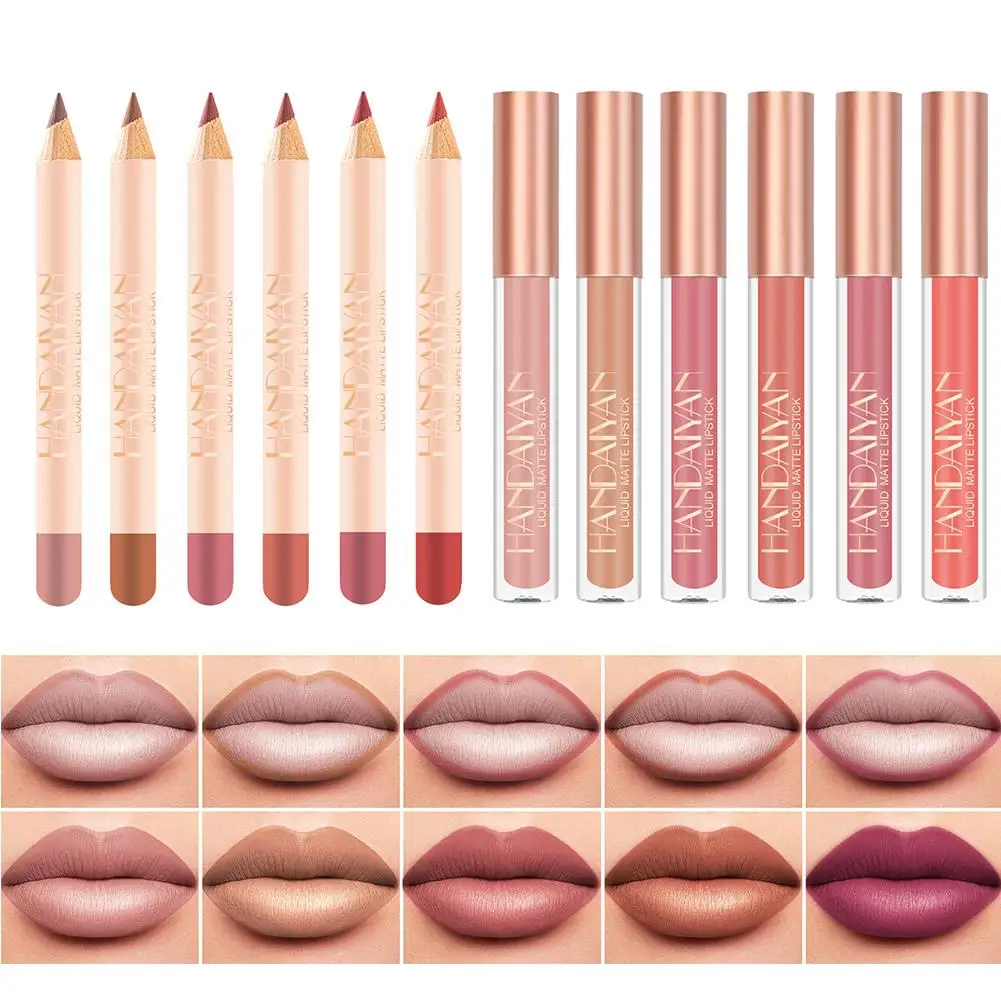 12-color Matte Combination Set Nude Brown Lip Gloss Pencil Velvet Lipstick Waterproof Long-lasting Non-stick Velvet Lip Gloss