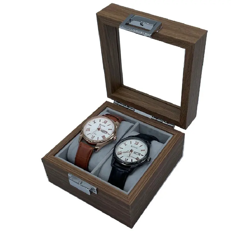WELLZONE Classical Walnut Wood 2 Slots Watch Case High-End Solid Wood Watch Box With Transparent Glass Skylight