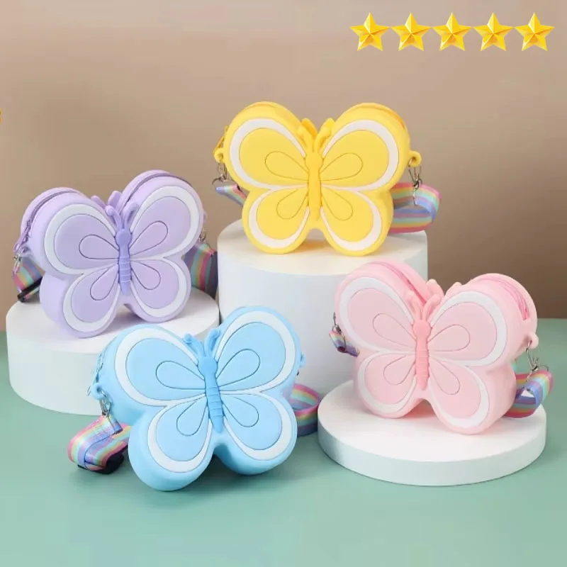 【Hot sales】Silicone coin purse Cartoon Butterfly Lightweight wear resistant girl gift Princess shoulder bag