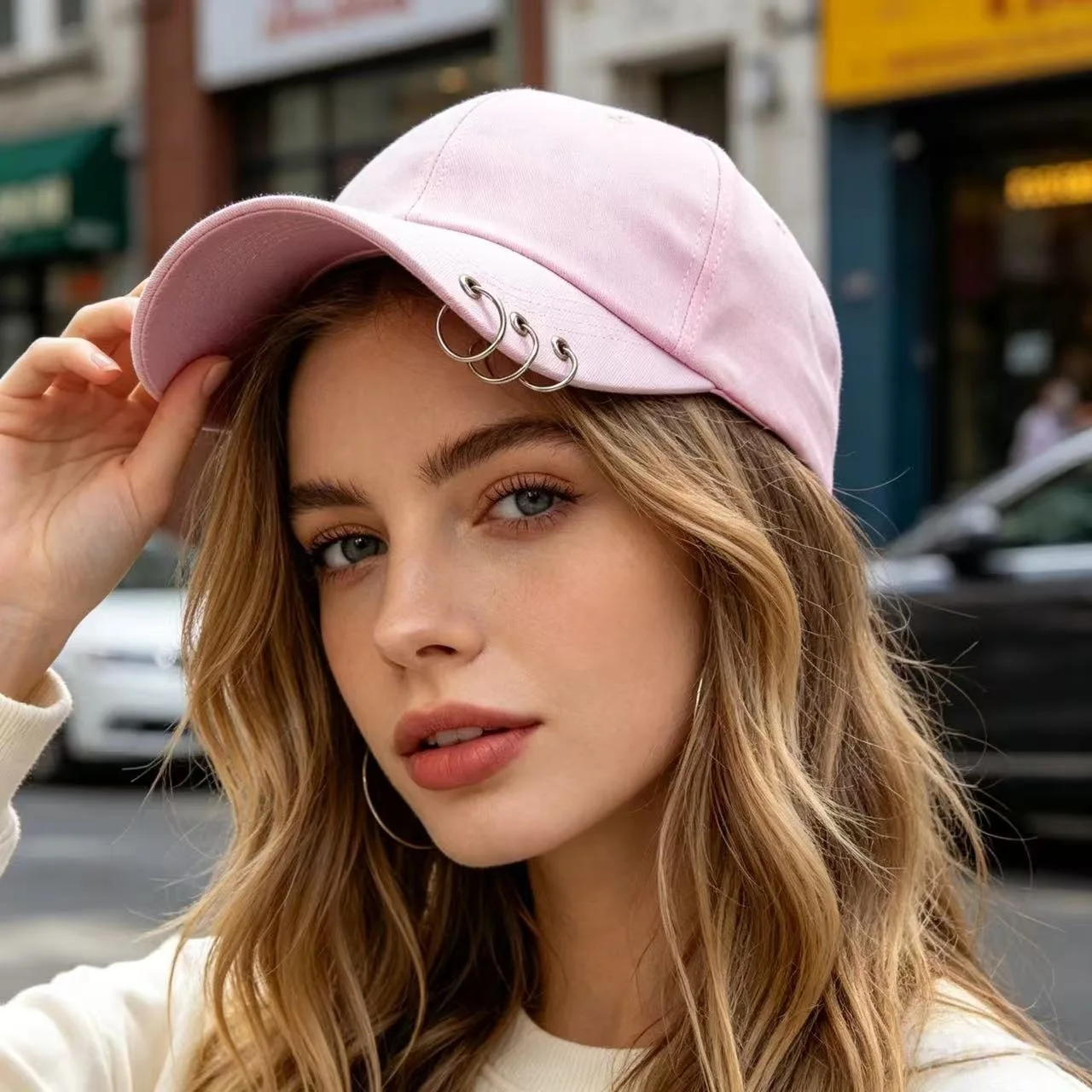 Punk Metal Piercing Rings Baseball Cap Curved Brim Solid Cotton Adjustable Hip Hop Streetwear Dad Hat For Women Girls