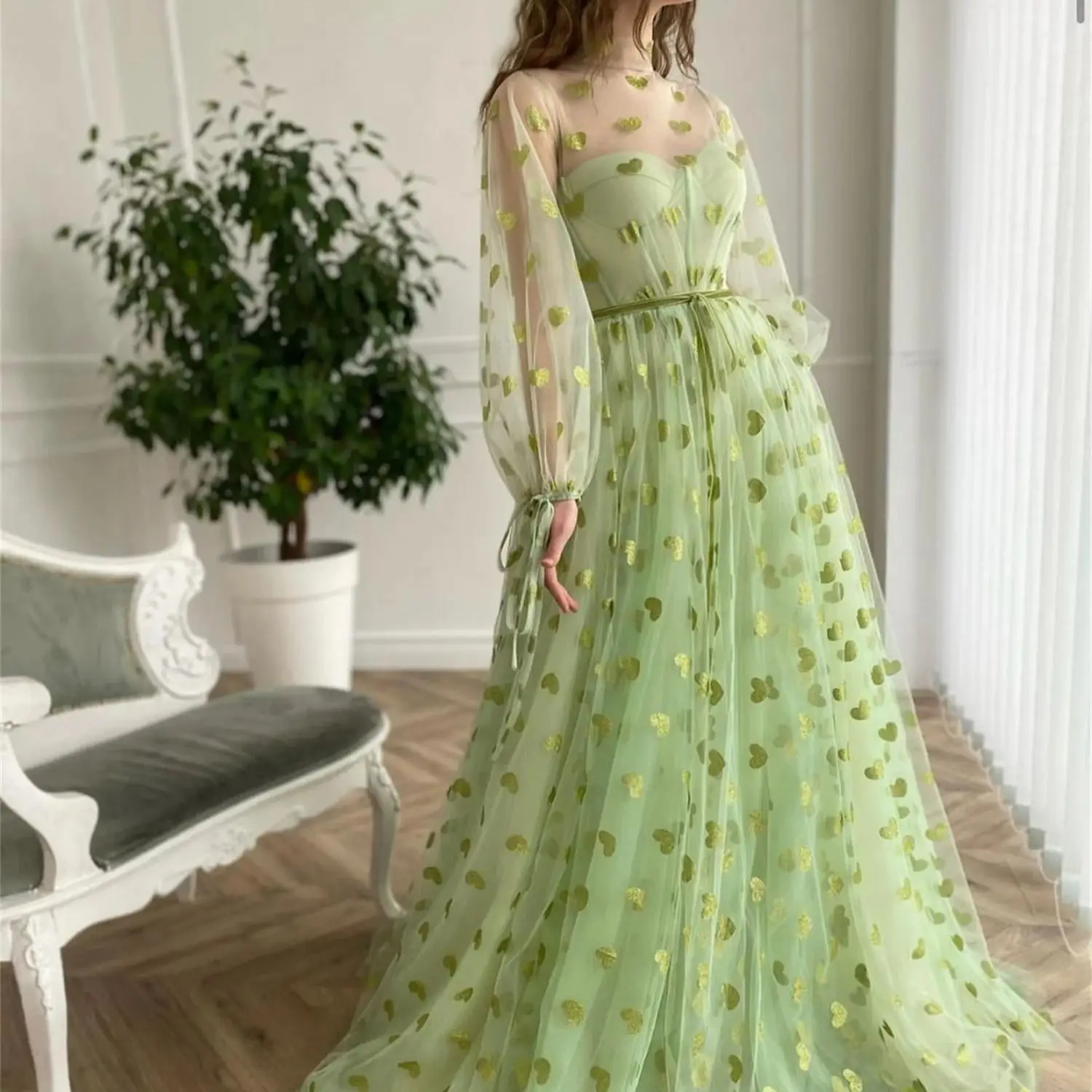 Cindy Sweetheart Heart Shape A-line Green Puff Sleeves Gala Dresses Woman 2024 for Party Dress Es Evening Gown Prom