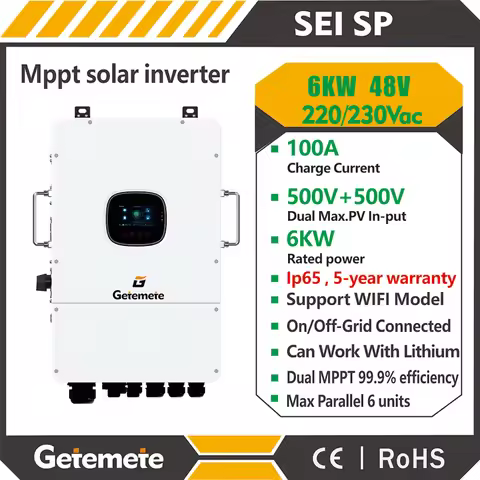 GTMT 6000W 48V 230V Dual PV Max Input 500VDC Solar Hybrid Inverter Off-Grid/Grid-Tie Inverter IP65 Mppt 100A Charge Current
