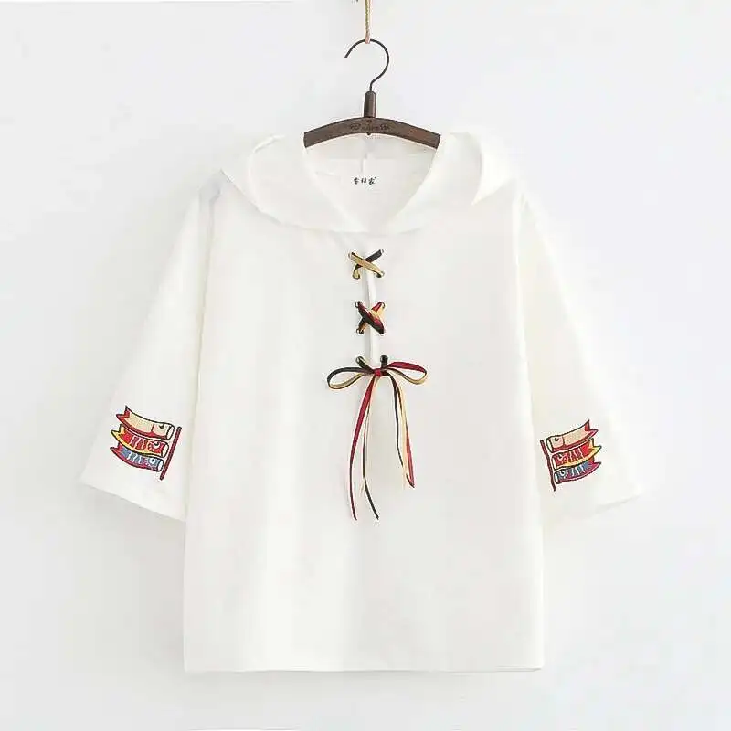 Japanese Carp Streamer Embroidery Tshirt Summer Short Sleeve Ribbon Bandage Hooded Tee Shirts Teen Girls Harajuku Streetwear
