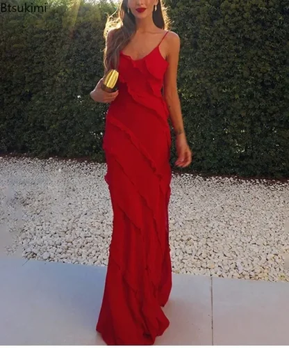 Nuevo vestido largo de gasa con volantes para mujer, vestido Sexy con espalda descubierta y abertura, vestido rojo largo de verano para fiesta de boda, Vestidos elegantes 2025