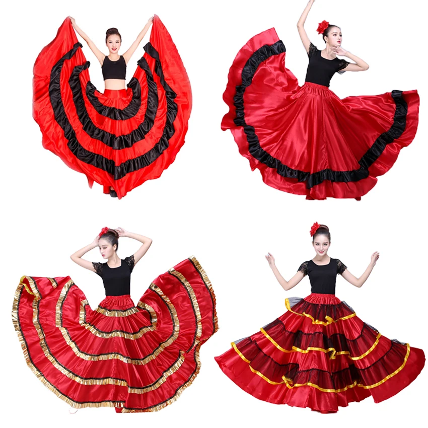 4 Style Gypsy Woman Spanish Flamenco Skirt Polyester Satin Smooth Big Swing Carnival Party Ballroom Belly Dance Costumes Dress