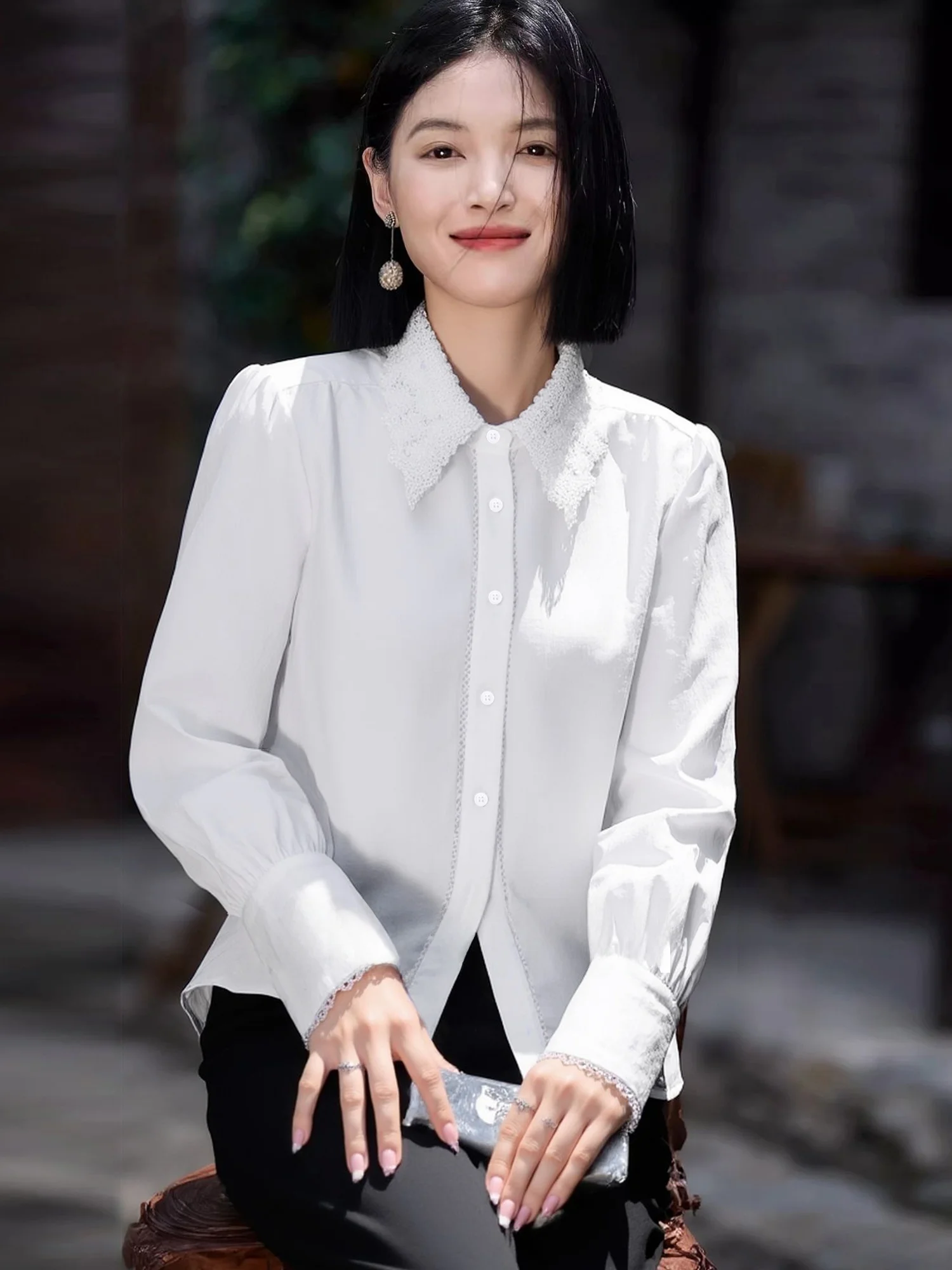 

Женская белая блузка Ele Lace Micro Hollow Long Sleeve, новинка осени 2026, повседневная, свободного кроя, дышащая, комфортная