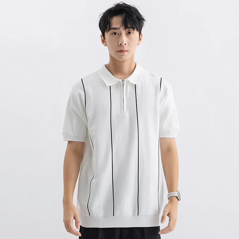 

Summer Ice Silk Short Sleeve Knitted Polo Shirt Men Business Casual Fashion Stripe Vintage Cool Breathable Sweater T-shirt Tops