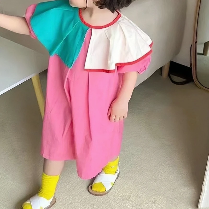 Summer Girls Dress Doll Neck Puff Sleeves Skin-friendly Breathable Fashionable Sweet Cute Princess Dress Korean Style