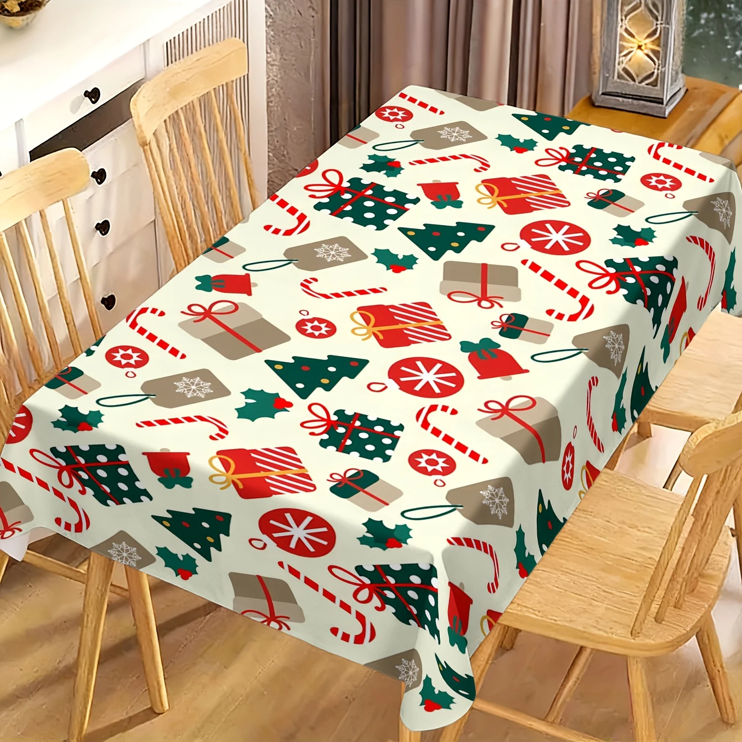 1pc 2D Flat Tablecloth, Christmas Gift Boxes Tree Candy Canes Snowflakes Holly Allover Printed Rectangle Tablecloth