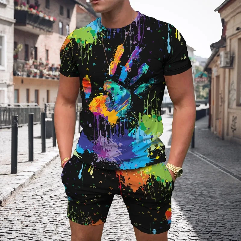 New 3D Print Multicolor Pattern Summer Men Tracksuits Short Sleeve T-Shirt Suit Fashion Sports 2 Piece Tracksuit Male Clothes