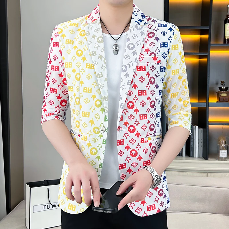 2024 Fashion trend Men Blazer Casual Short Sleeve Suit Coats Mens Simple Solid All-match Blazer Fashionable Male Tops