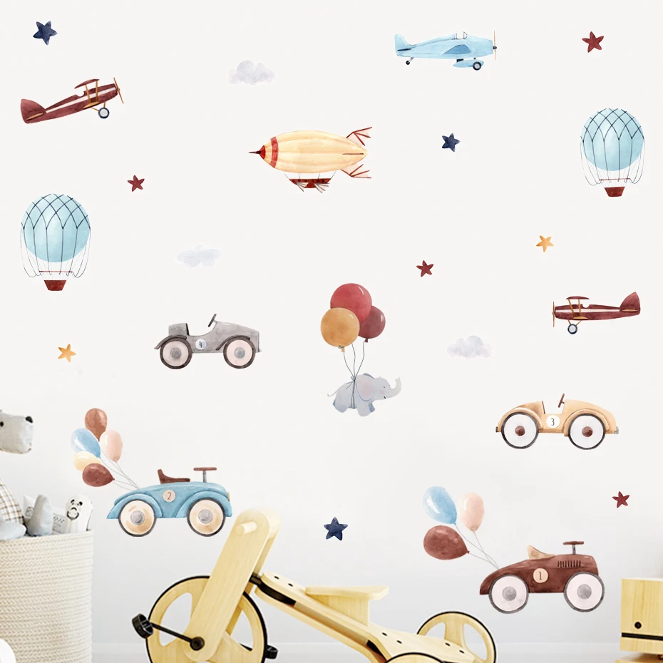 Cartoon Car Balloon Stars Nursery Sticker Watercolor Removable Children Poster DIY Wall Decals Art Print Kids Bedroom Home Decor