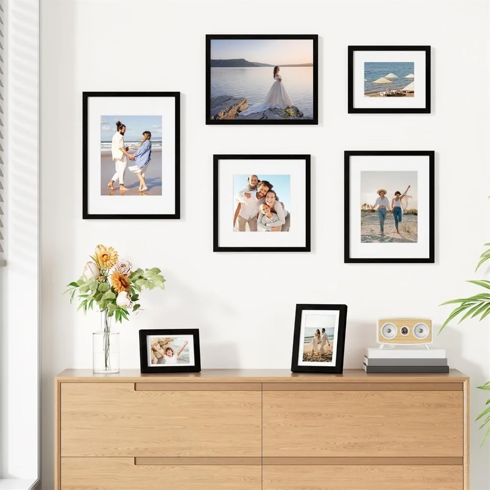 9-pack 8x10 black wood frames, shatterproof plexi, 5x7 mat/8x10 no mat, wall/tabletop