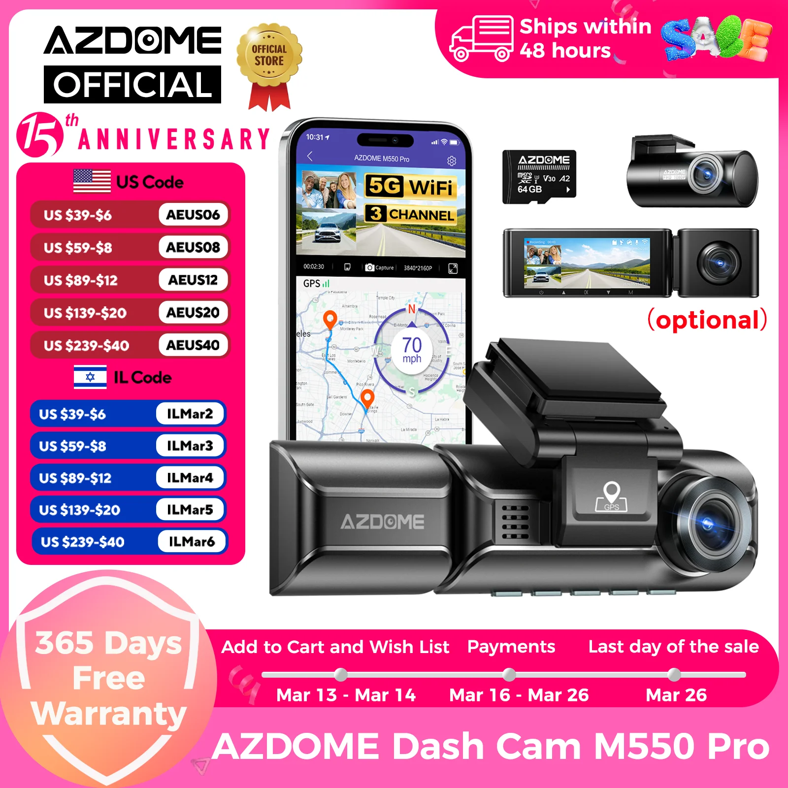 Upgrade AZDOME M550 Pro Car DVR Dash Cam 4K 5.8Ghz WiFi 2/3 Cameras Front/Cabin/Rear Cam GPS Night Vision Parking Monitor داش كا