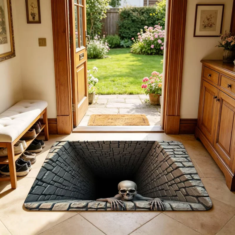 2D Optical Illusion Deep Brick Pit Skull Doormat Horror Funny Prank Print Entrance Rug Indoor Outdoor Halloween Creative Carpet