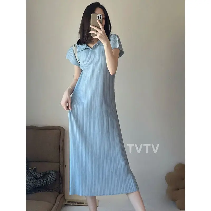 

Fashion Simplicity Solid Color Pleated Polo Collar Dress Women Summer Large Size Loose Short Sleeved Casual Screw Thread Dress