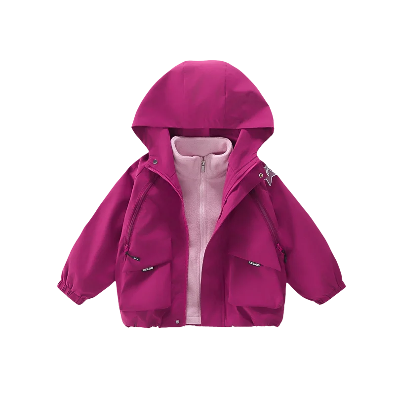Kids Windbreaker Jacket Girls 2-in-1 Hooded Jacket Set Fall Winter Children Windproof Detachable Fleece Liner Coat Big Pockets