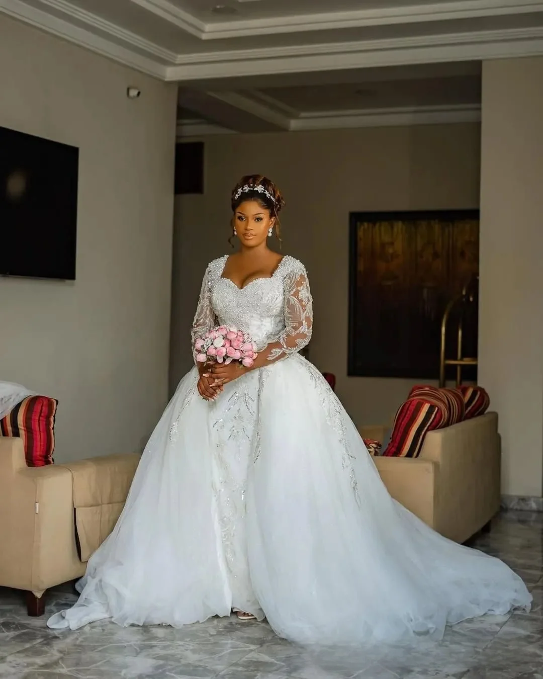 カスタマイズプラスサイズマーメイドウェディングドレスブライダルドレス花嫁のための取り外し可能なトレイン恋人ネック長袖ビーズ