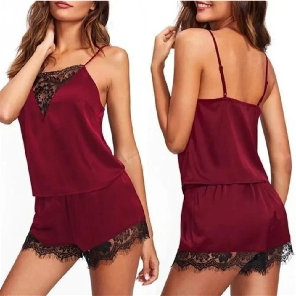 2Pcs Sexy Pajama Set Women Sexy Lace Patchwork Satin Silk Spaghetti Strap Top Hot Shorts Pajama Women Sleepwear Femme Pijamas