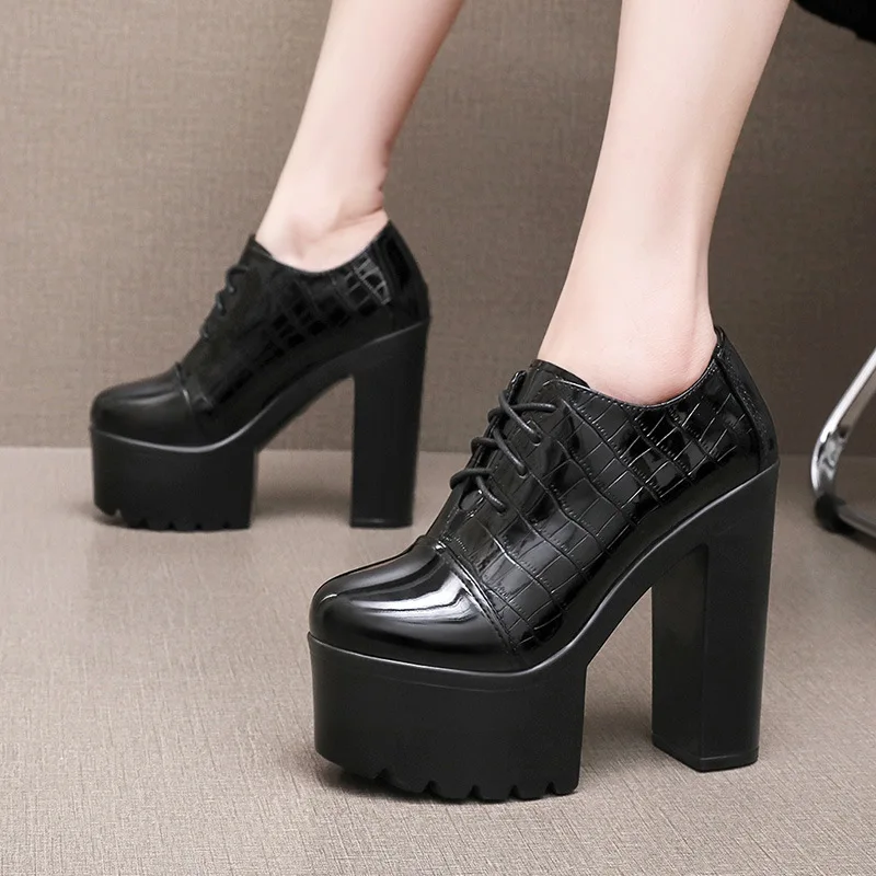 

14 см, маленькие, большие размеры 32–43, элегантные яркие кожаные туфли, туфли-лодочки на массивной платформе, осень 2024, туфли на высоком каблуке для модельного платья