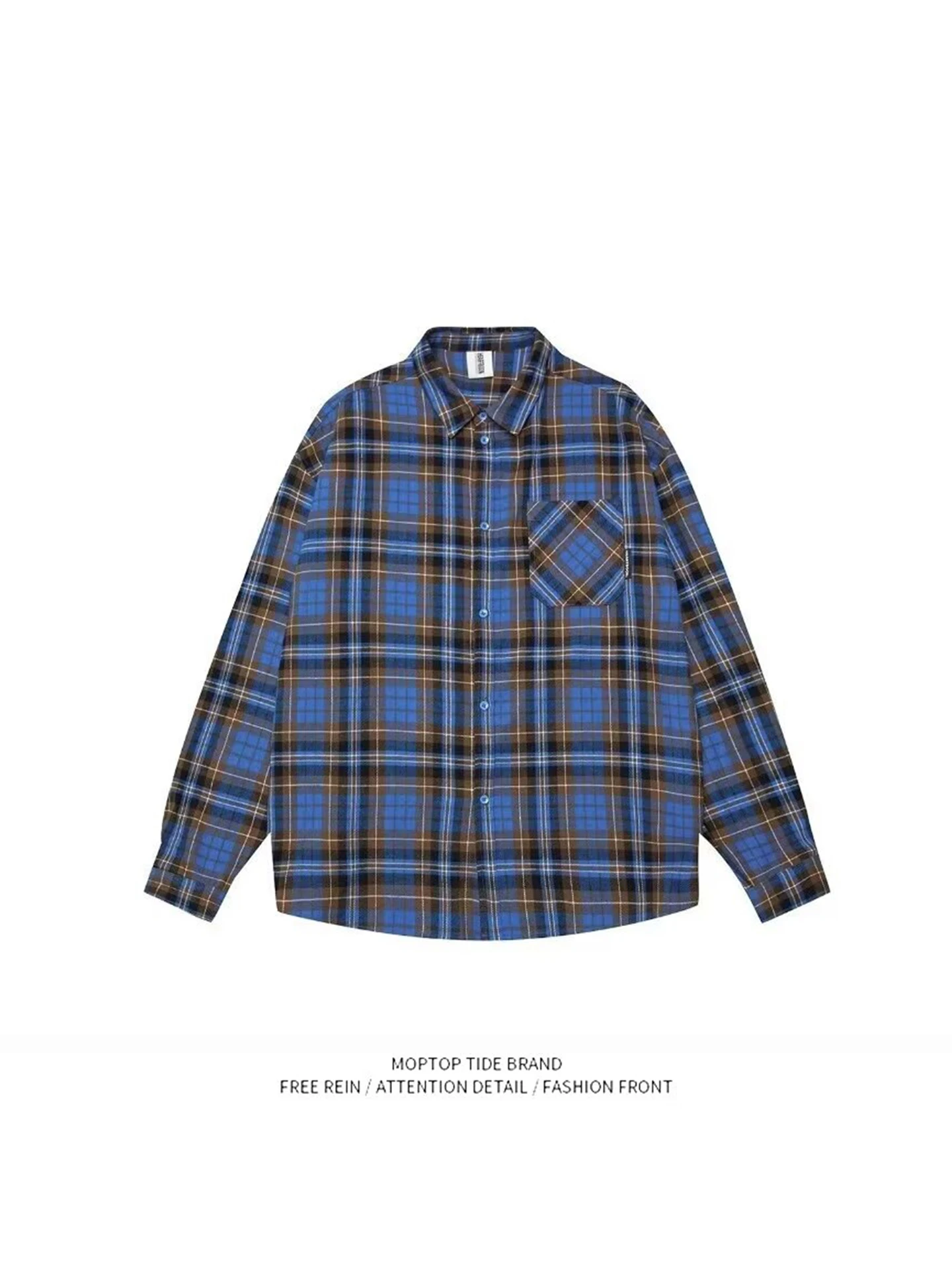 

Retro Blue Short Pad Shoulder Plaid Casual Shirt Jacket Loose Fit Men's Women's Youth Popular Polyester Fiber Four Seasons Un...