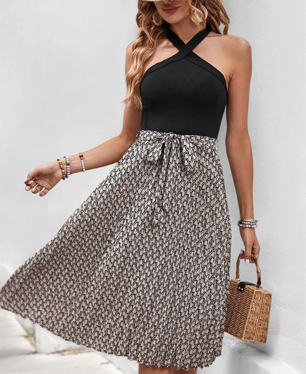 

Sleeveless color blocked cross neck dress for women's fashion and leisure, new women's clothing for summer 2025