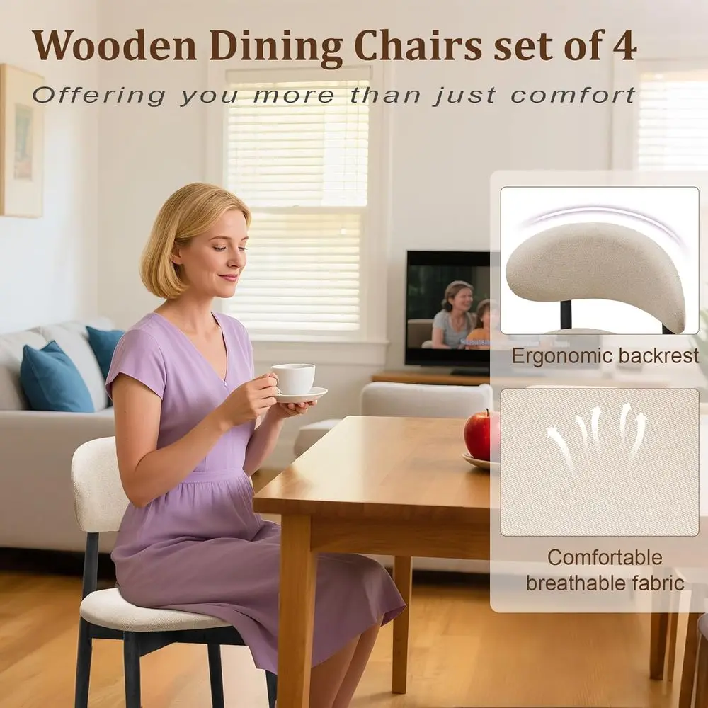 Set di sedie da pranzo moderne imbottite da 4 pezzi con poggiapiedi, tessuto beige, adatto per cucine di metà secolo e fattoria e ca