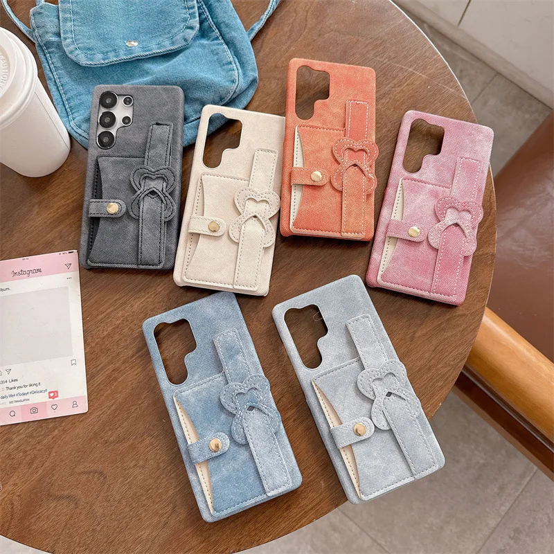

Роскошный однотонный джинсовый чехол-бумажник с отделением для карт с одной пряжкой и слотами для телефона Samsung S25 Ultra S23 s22 S24 Ultra Bumper Back Cover