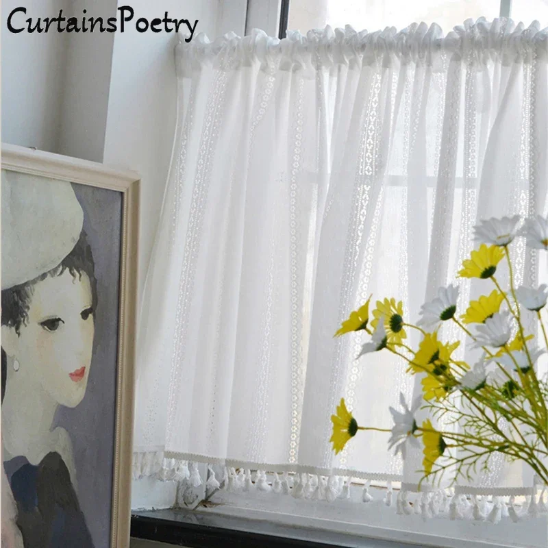 

Boho Semi Sheer Drapes White Embroidered Tassels Rod Pocket Hollow Window Curtain Panels Farmhouse Window Treatments for Bedroom