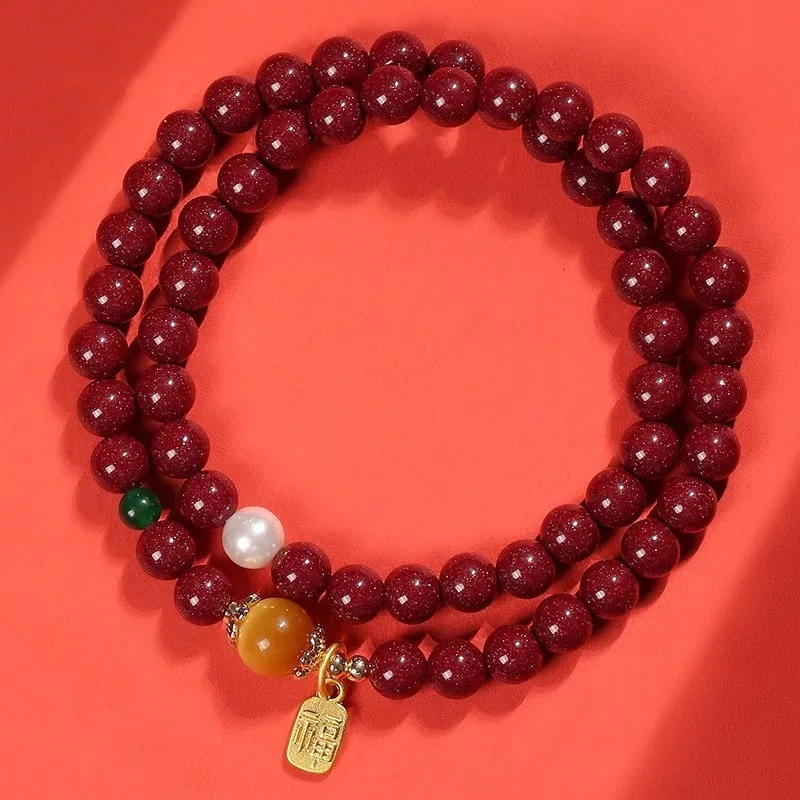 Chinese Style 6mm Cinnabar Double Layer Bracelet For Women Fu Character Pendant Pearl Accent Goat Year Lucky Blessing Jewelry