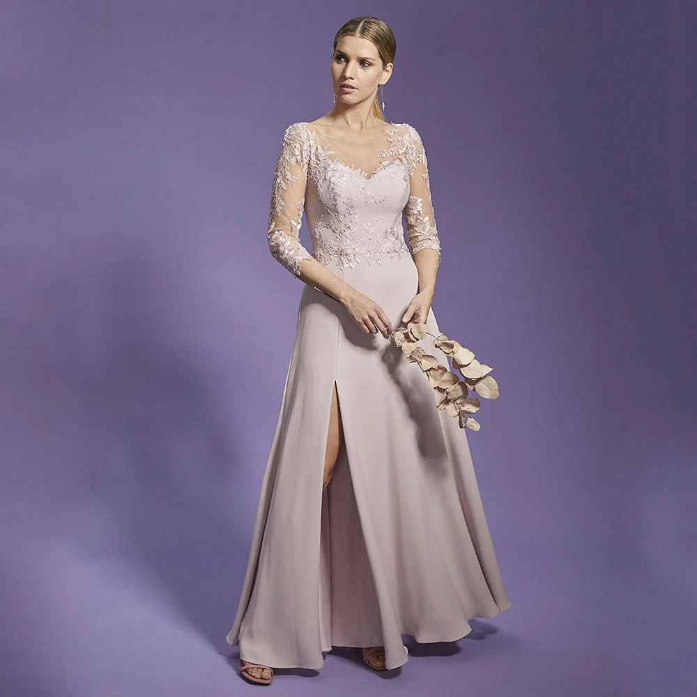 

Customized Elegant Wedding Guest Dresses for Women Applique Long Sleeve Formal Party Gowns Long Side Split Illusion Evening Gown