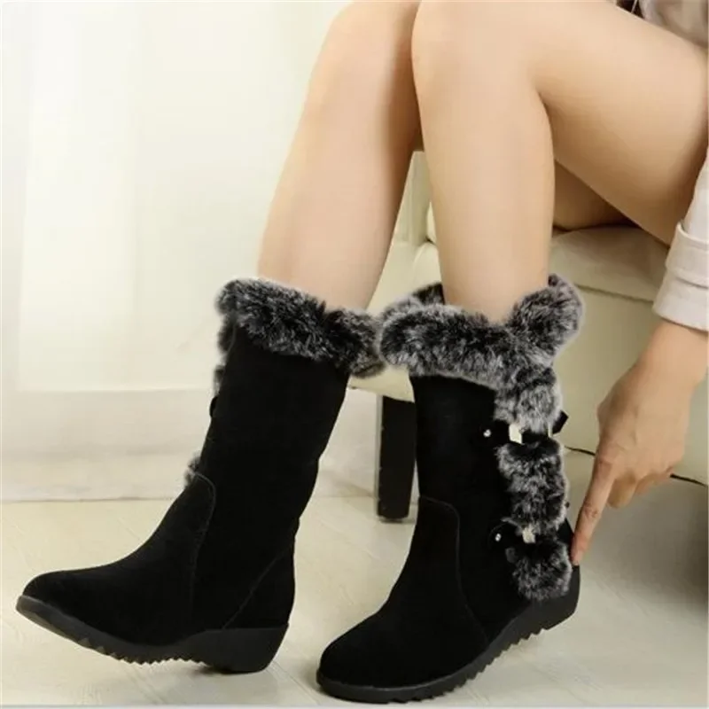 

Winter Women Boots Casual Warm Fur Mid-Calf Boots shoes Women Slip-On Round Toe wedges Snow Boots shoes Muje Plus size 42