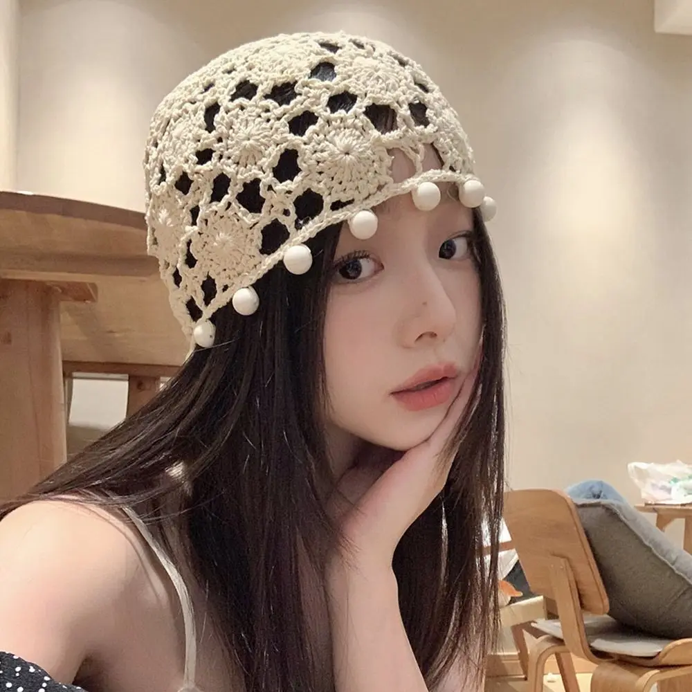 Breathable Hollowed Out Knitted Hat Flowers Handmade Beret Cap Casual Fashion Skullies Hat for Women