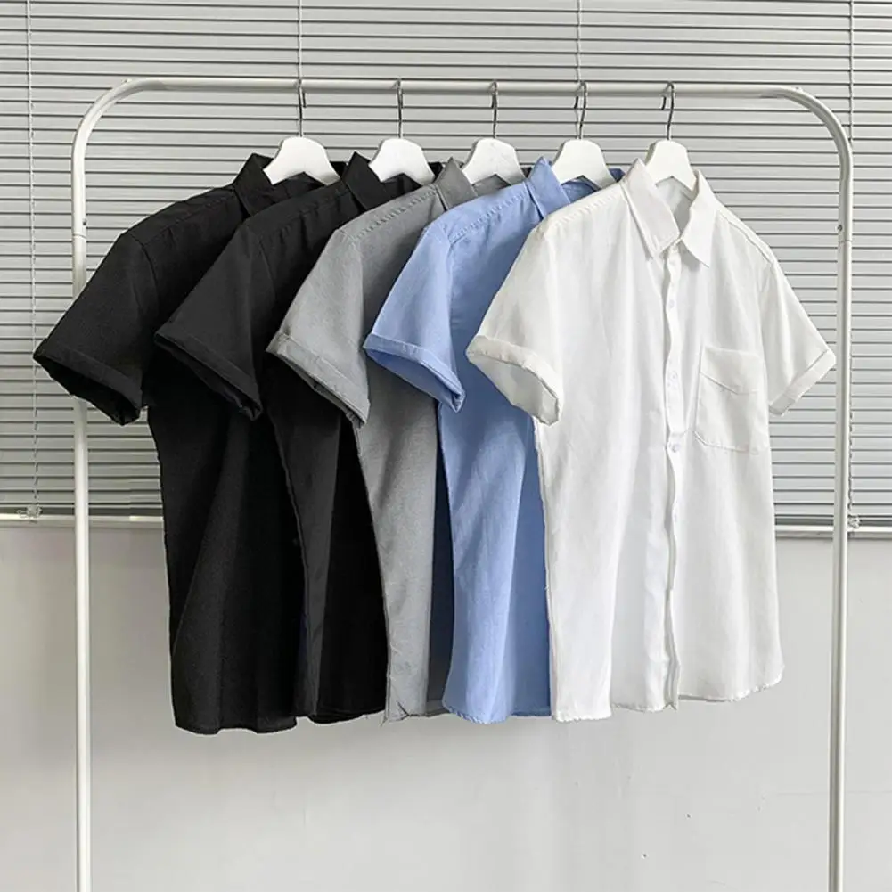 Korean Style Lapel Short Sleeve Men Shirt Patch Pocket Single Breasted Summer Casual Solid Color Work Shirt Streetwear