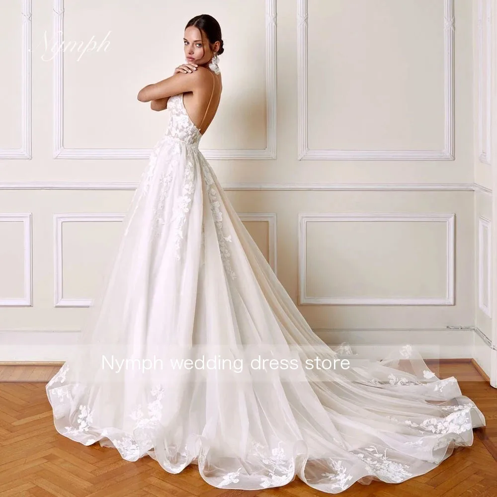 

Customized Backless Spaghetti Straps A Line Wedding Dresses For Woman Luxury V Neck Appliques Beaded Bridal Gown Vestidos