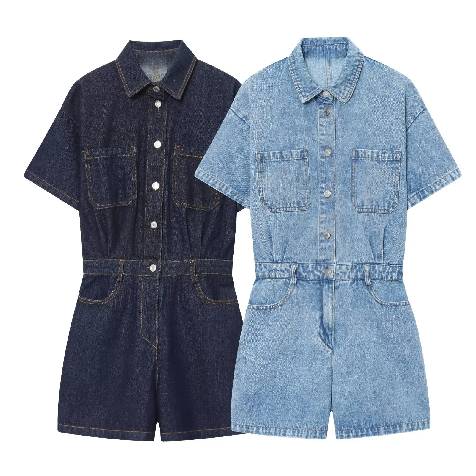 Withered 2026 Summer New European And American Style Fashionable Casual Slimming Denim Short Sleeved Jumpsuit Shorts