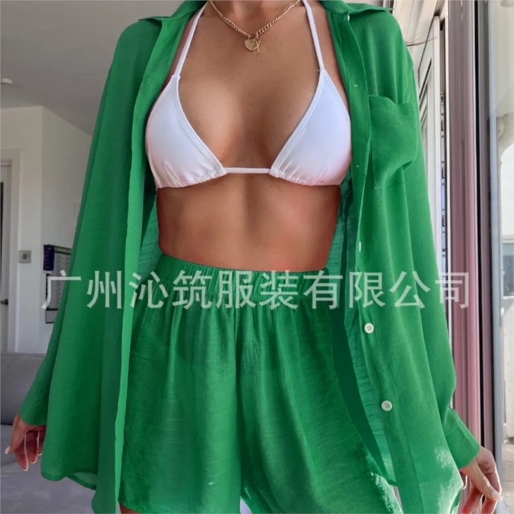 Conjunto de 2 piezas de pantalones cortos para cubrir la playa, camisa holgada a la moda para mujer, traje informal para vacaciones, Bikini, novedad de 2026