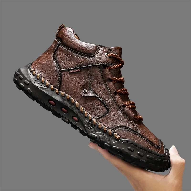 

Hot-selling Men Casual Leather Boots High-top Men's Hiking Shoes Outdoor Male Ankle Boots Sneakers Non-Slip Man Motorcycle Boots